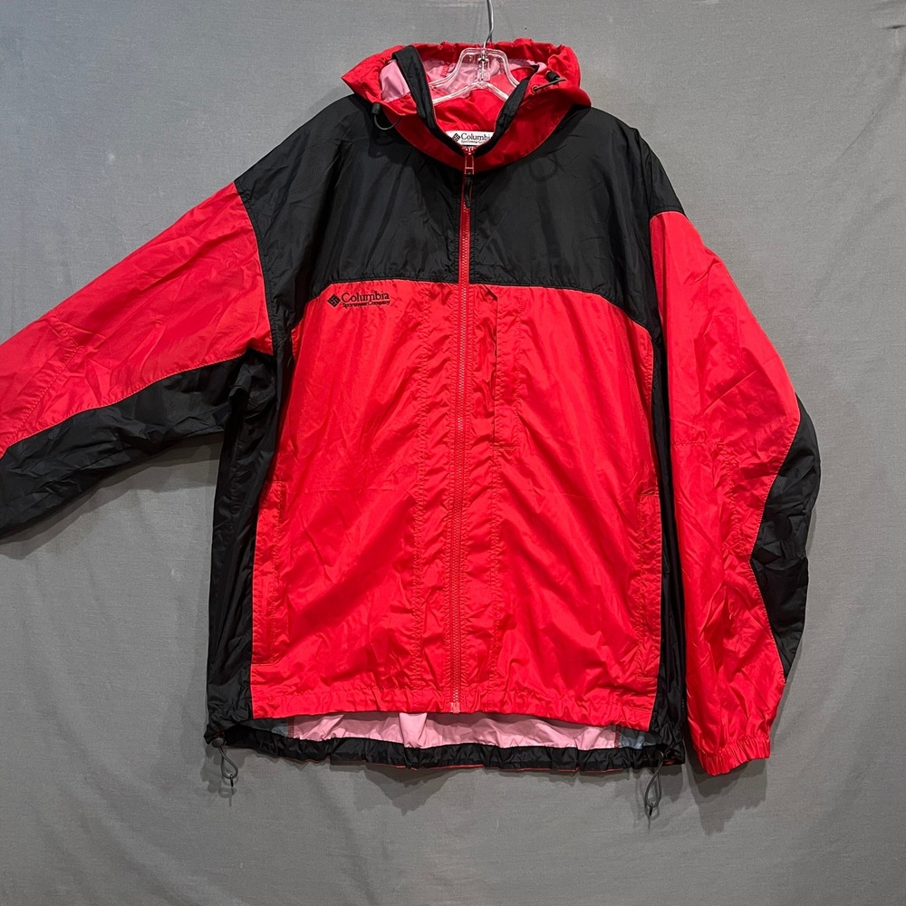 Columbia Hooded Windbreaker Jacket Mens XXL Red‎ Black Colorblock Stowaway